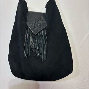 Margot Black Fringe Suede Shoulder Hobo Bag